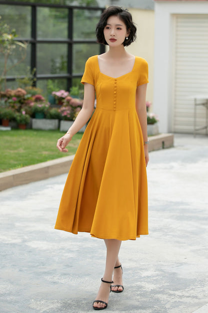 Linen Midi Dress for Women, Square Neckline | Xiaolizi 5981