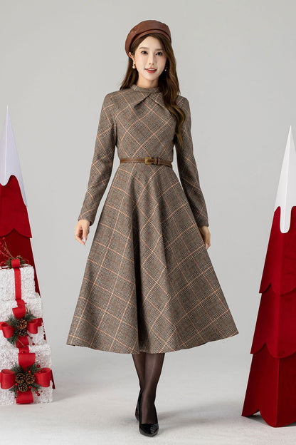 Plaid Wool Swing Dress – Long Sleeve Vintage Fitted Waist Dress with Bow Tie 4616