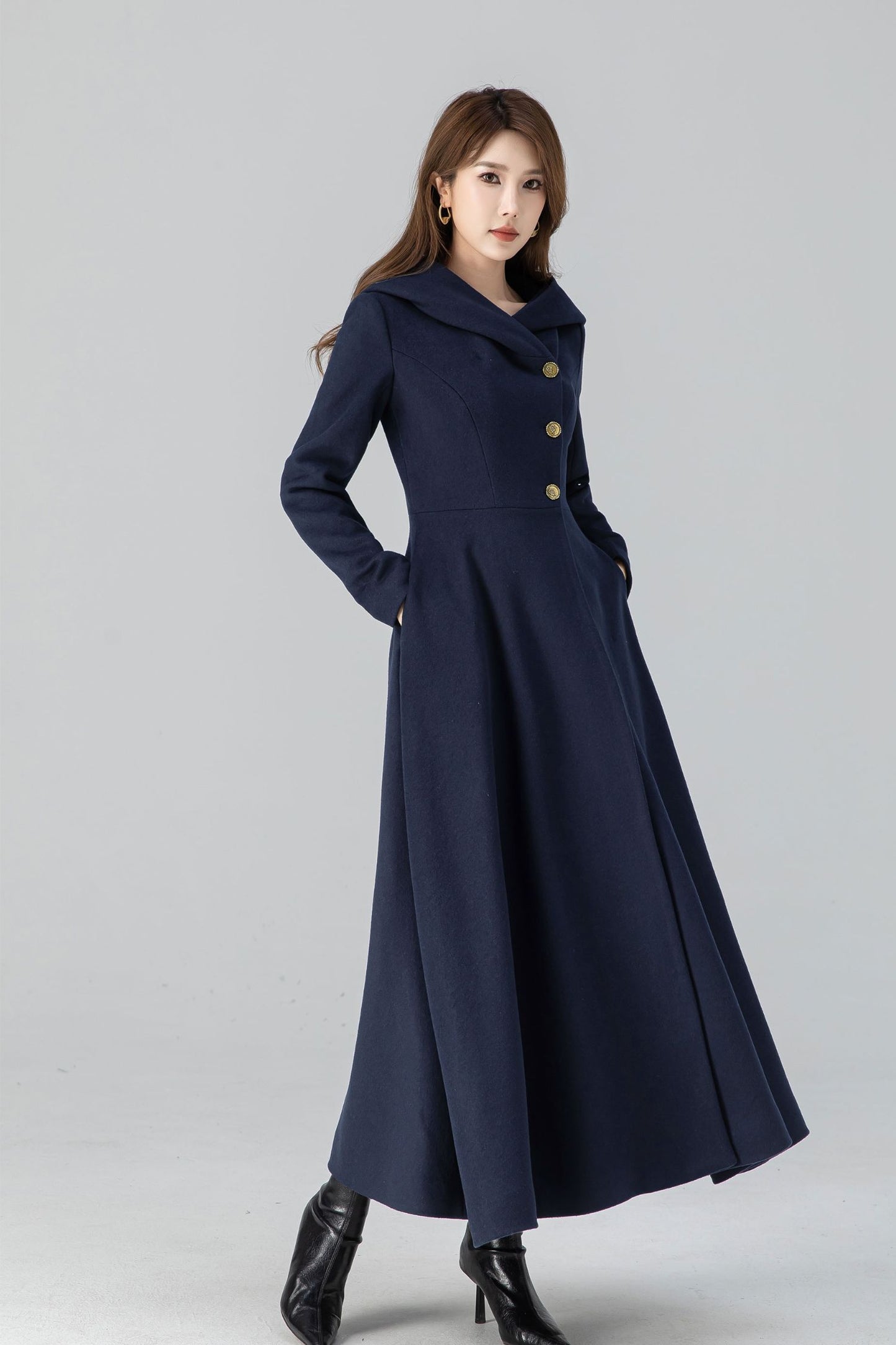 Navy blue hooded swing long wool coat 4662