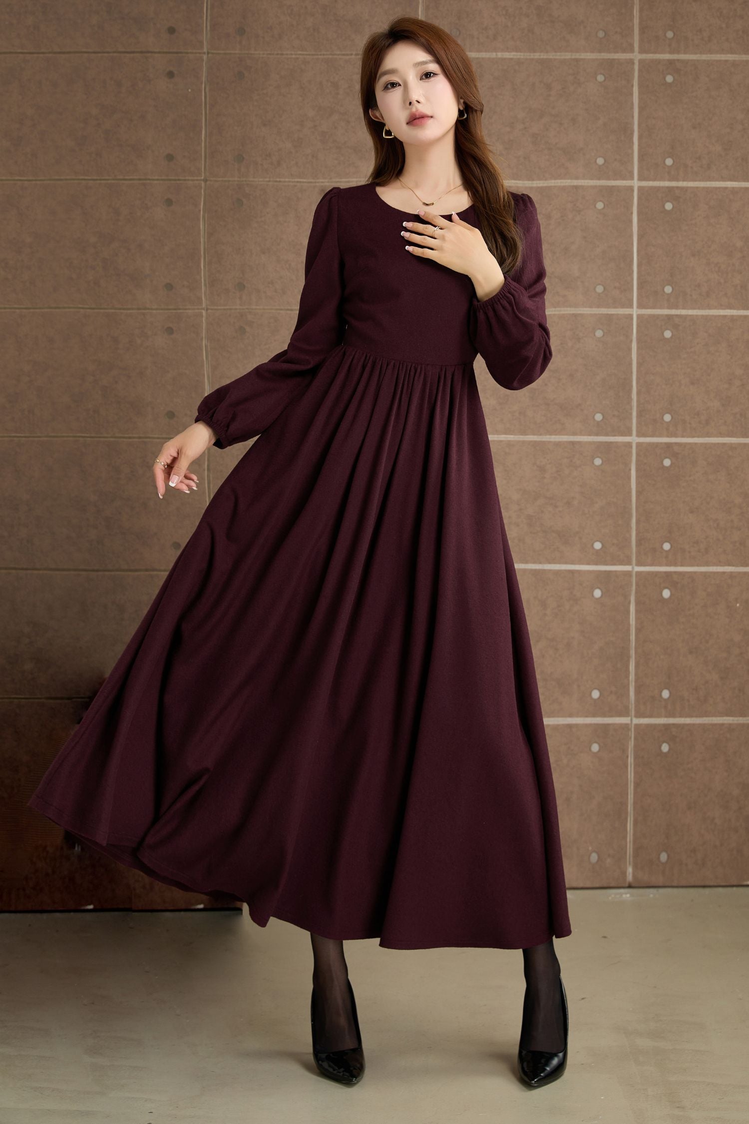 Burgundy Wool Maxi Dress Elegant Long Sleeve Vintage Winter Dress 5359 Xiaolizi Burgundy Wool Maxi Dress Elegant Long Sleeve Vintage Winter Dress 5359 Xiaolizi
