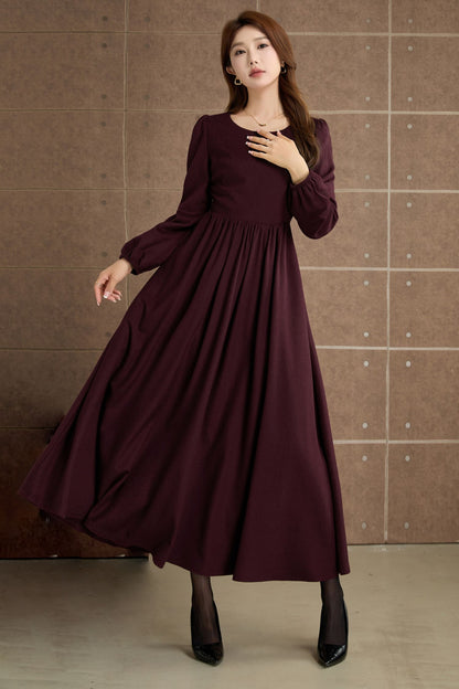 Burgundy Wool Maxi Dress – Elegant Vintage Long Sleeve Winter Dress with Pockets 5359