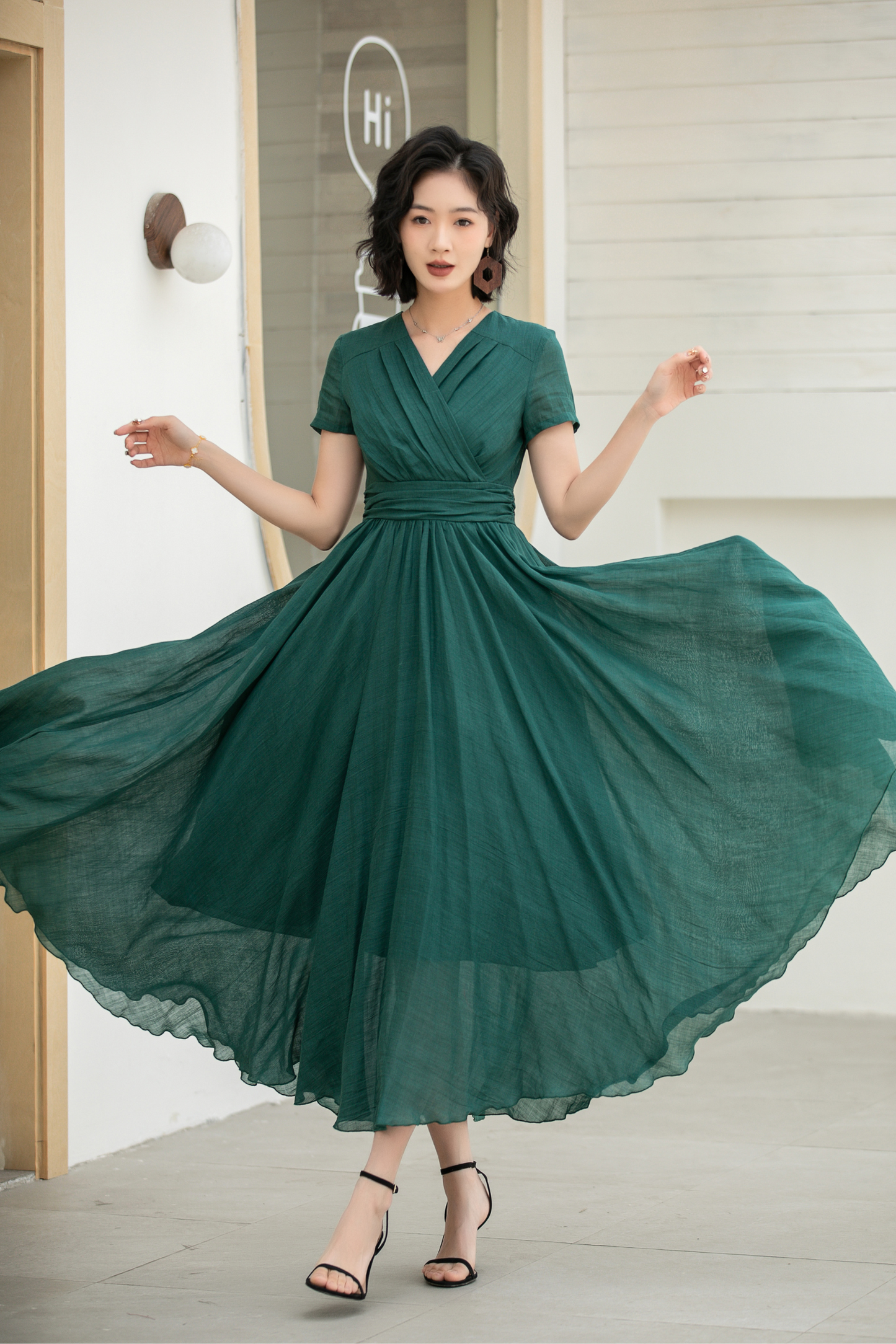 Green Maxi Pleated linen dress 5832