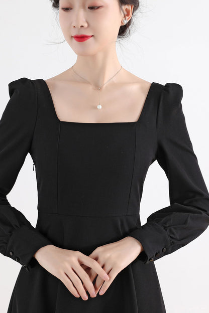 Black Linen Cotton Midi Dress - Square Neckline, Long Sleeve Swing 2514