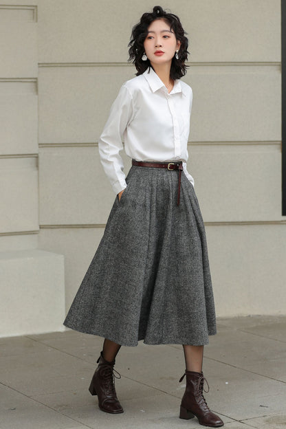 Grey Wool Pleated Midi Skirt - A-Line Silhouette with Pockets 6416