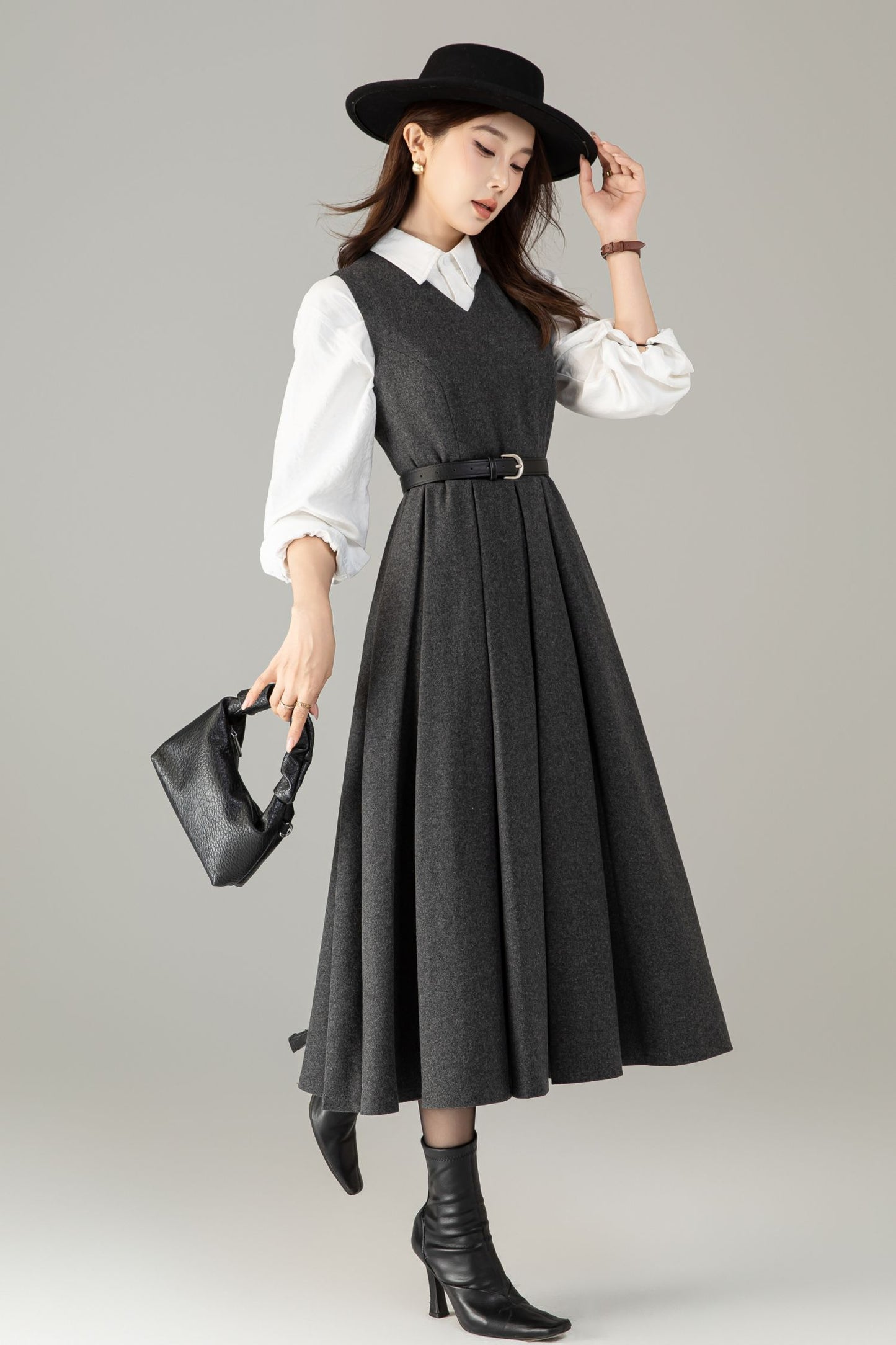 Handmade Wool Blend A-Line Midi Dress – Vintage Winter Swing Style | Xiaolizi 6498