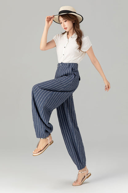 Plus size blue striple long linen pants 4939