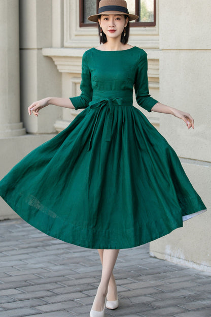 Emerald Green Linen Midi Dress - Bow Tie Waist Pockets | Xiaolizi 5721