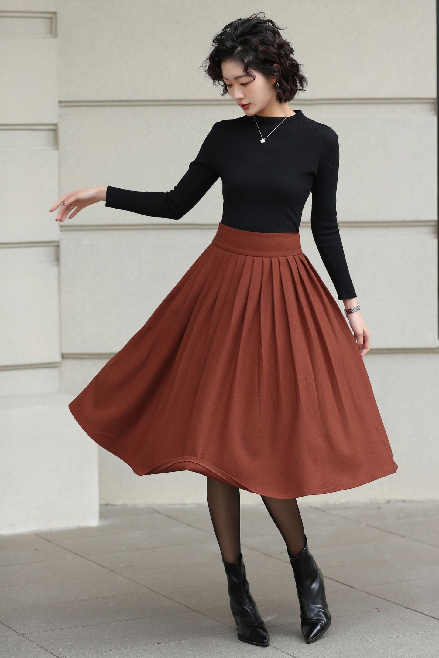 Xiaolizi Rust Brown Wool Midi Skirt for Women – Handmade High-Waist A-Line Winter Skirt 6608