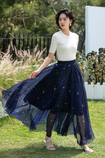 Navy Chiffon Maxi Skirt - Starry Sheer A-Line | Xiaolizi 6744