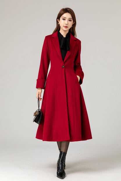 Red Wool Princess Coat - Fitted Waist, Flared Silhouette 5480