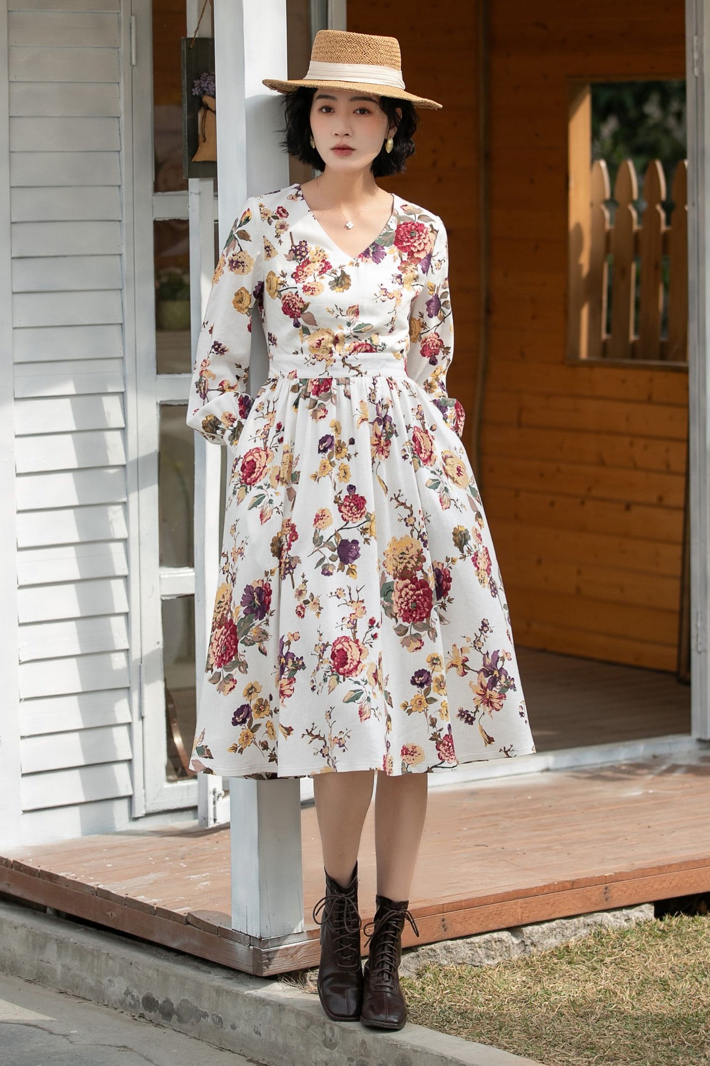 Xiaolizi Floral Linen Midi Dress – Vintage V Neck Swing 6692