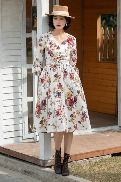Xiaolizi Floral Linen Midi Dress – Vintage V Neck Swing 6692