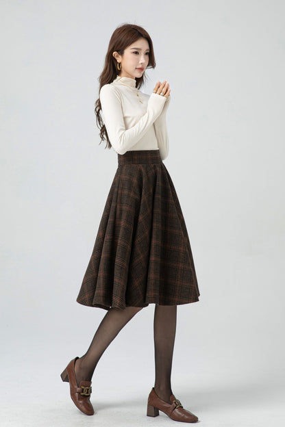 Brown Plaid Wool Midi Skirt – Vintage High Waist Pleated Circle Skirt 5323