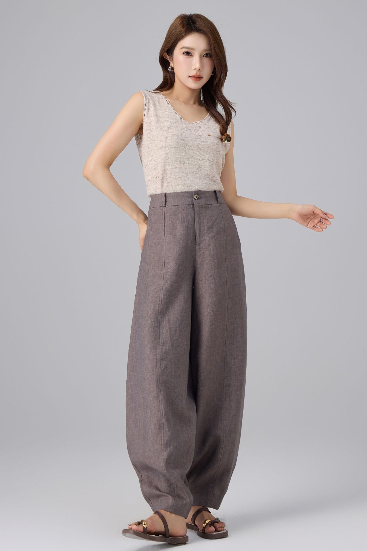Charcoal Linen Pants - High Waist Lantern | Xiaolizi 6758