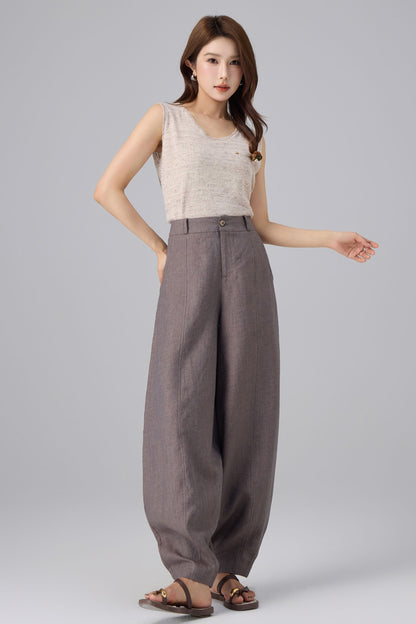 Charcoal Linen Pants - High Waist Lantern | Xiaolizi 6758