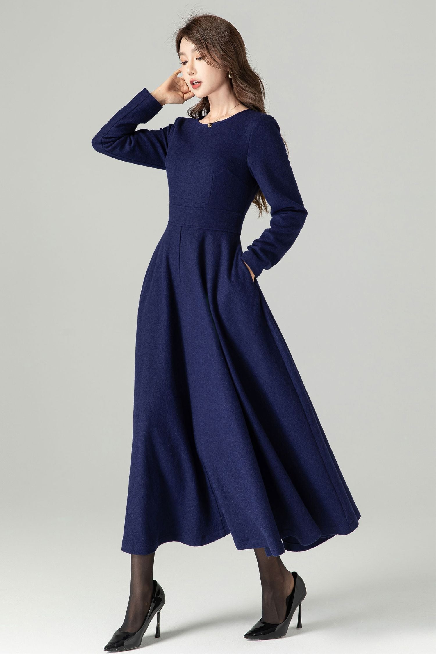wool dresses with long sleeves Dark Green Dress – Handmade Winter Maxi Pockets Bardot Dress 00 / Size:Adult | 42.5|R Embrace the winter season DIL