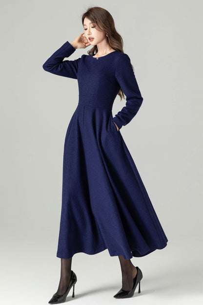 Navy Blue Wool Blend Midi Dress – Handmade Fit & Flare Winter Elegance 4493