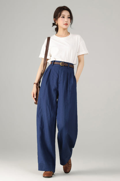 Blue Linen Cotton Wide Leg Pants - Palazzo High Rise | Xiaolizi 5758