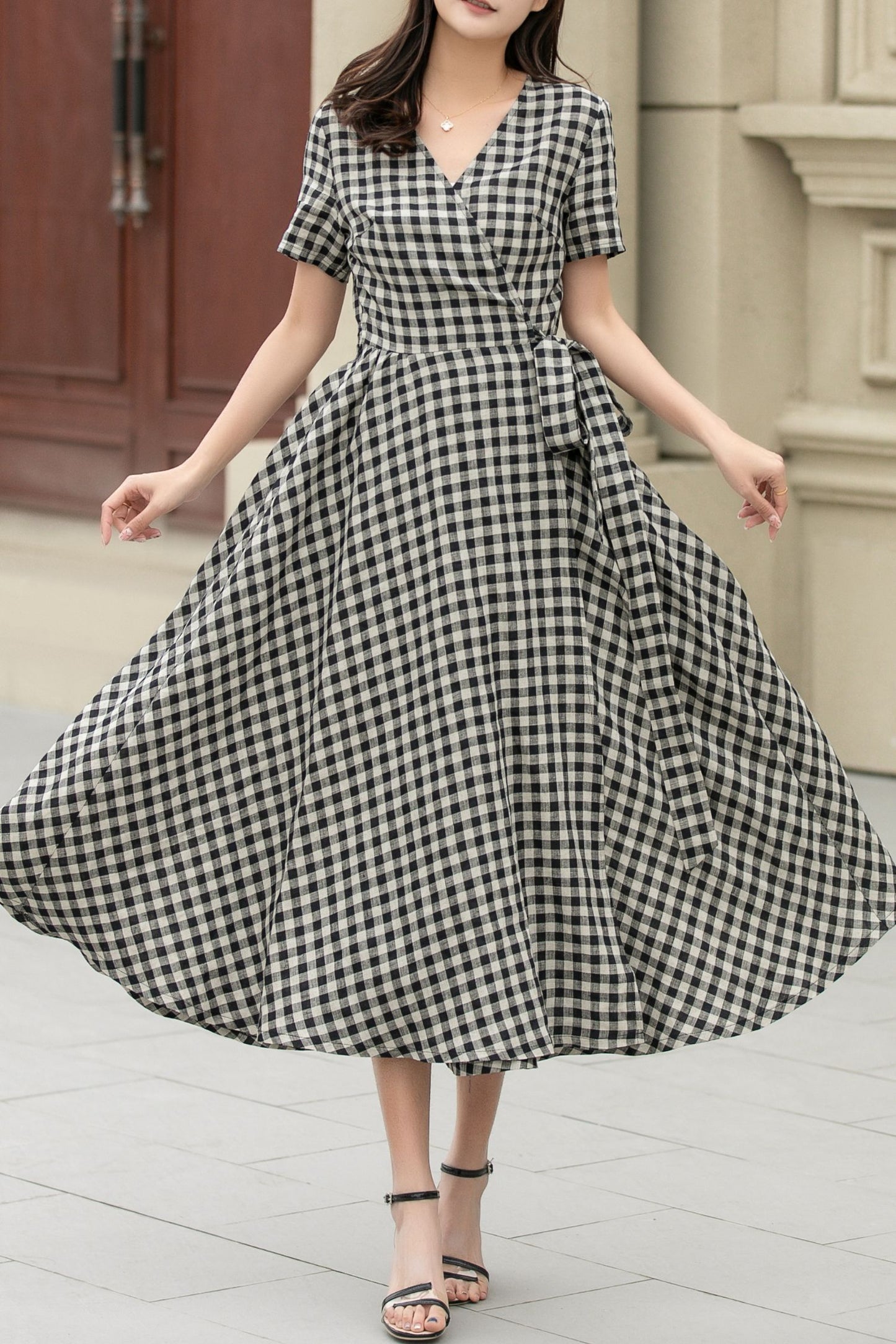 Black and white summer plaid linen wrap dress 4948