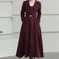 Burgundy Wool Wrap Midi Dress — Elegant Tie‑Waist A‑Line for Office 6512