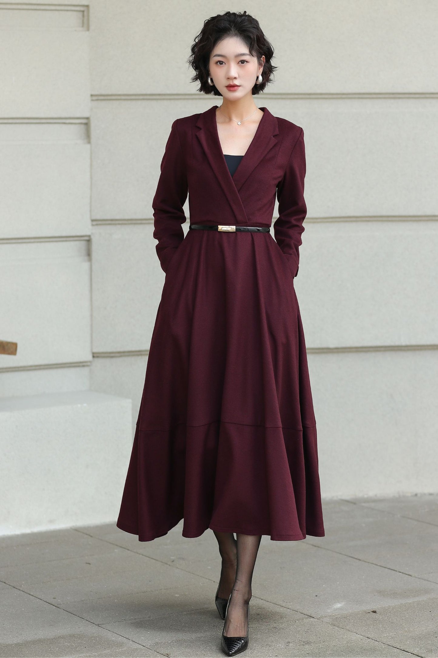 Burgundy Wool Wrap Midi Dress — Elegant Tie‑Waist A‑Line for Office 6512