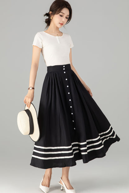 Stylish Button-Up Linen Skirt with Striped Hem 5712 -XS #CK2500362