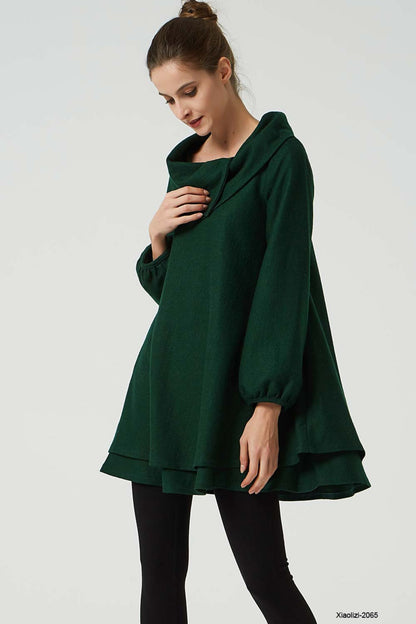 Artisan Wool Tunic Dress – Dark Green with Cowl Neck & Layered Hem – 2065