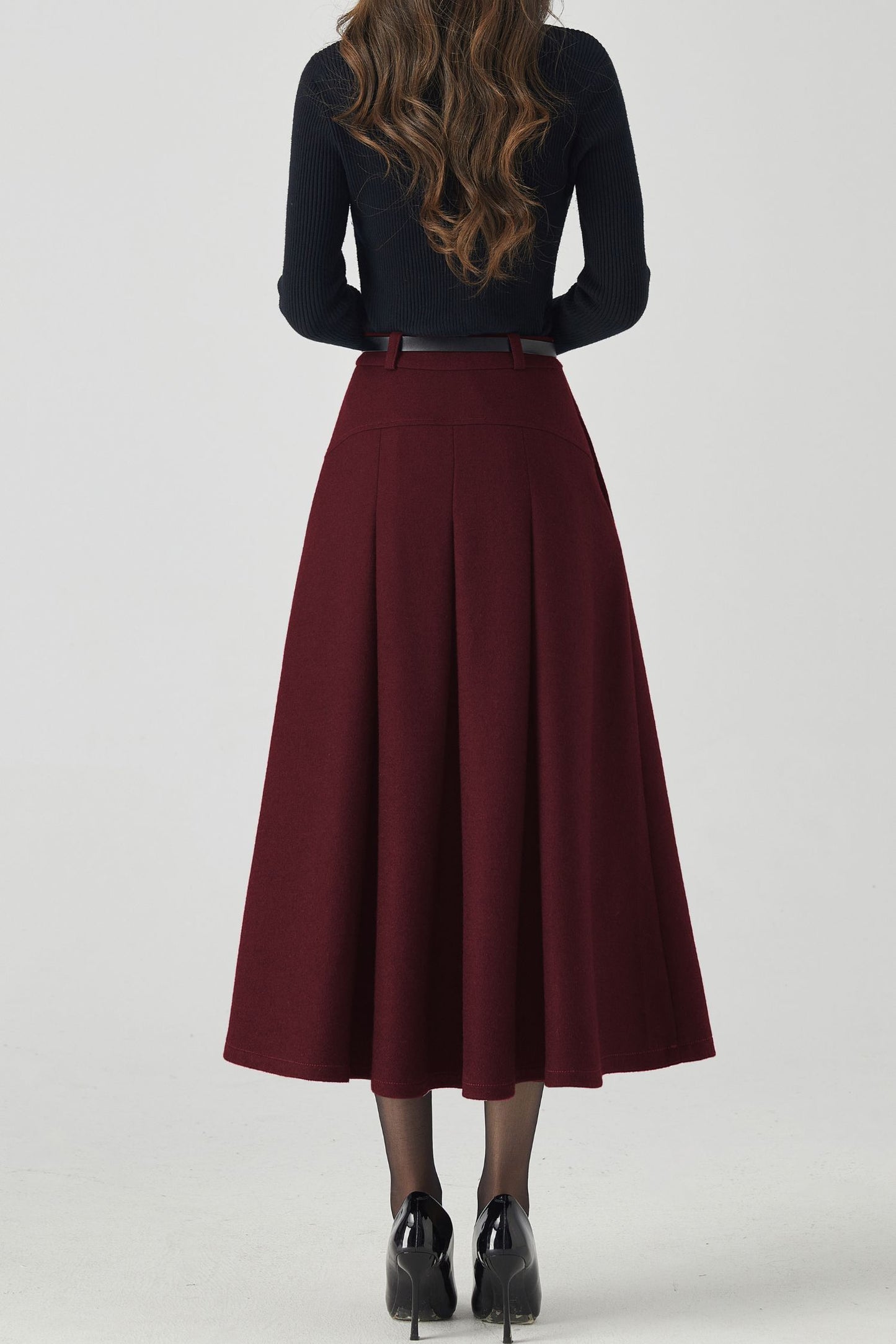 Burgundy Wool Midi Skirt – Vintage High Waist A-Line Winter Skirt with Pockets 6332