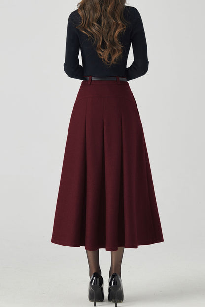 Burgundy Wool Midi Skirt – Vintage High Waist A-Line Winter Skirt with Pockets 6332