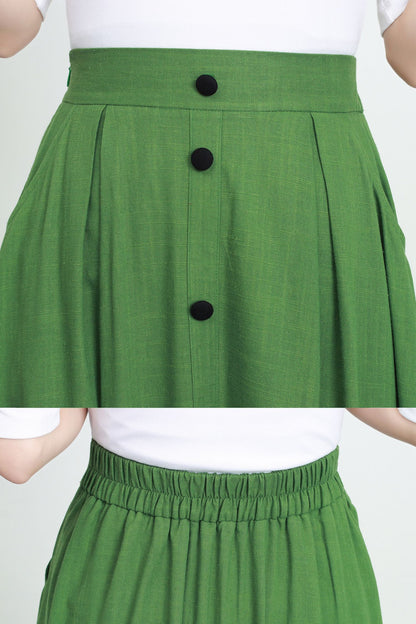 Green Cotton Linen Maxi Skirt - Button Down Pleated Design 5732