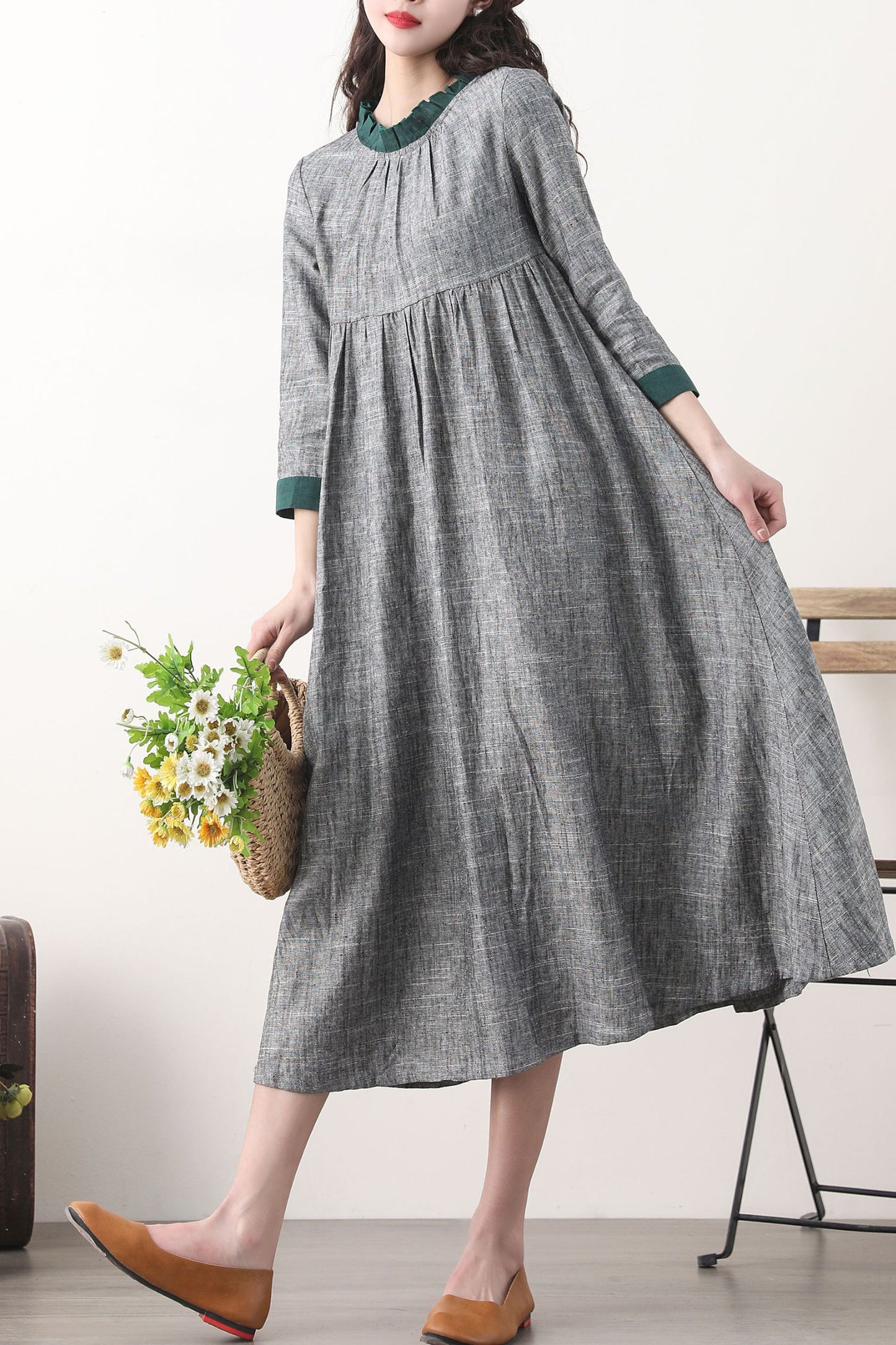 Loose fitting patchwork gray linen dress 2578