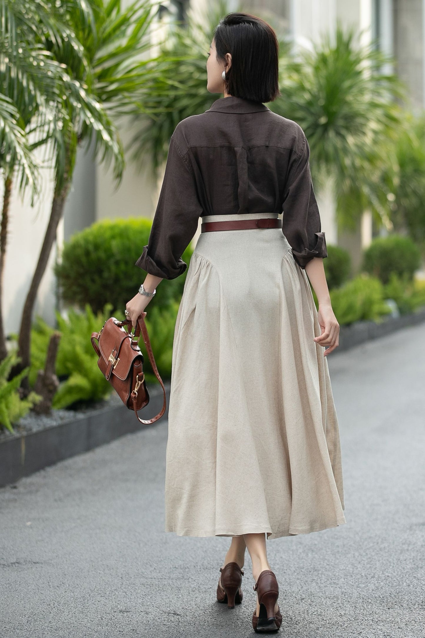 Beige Linen Midi Skirt – High Waist A-Line Button Front Skirt 6666
