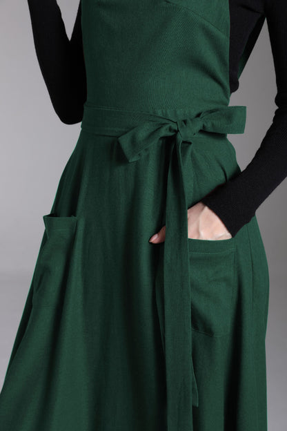 Green Linen Pinafore Dress – Handmade Midi Apron Dress 6673