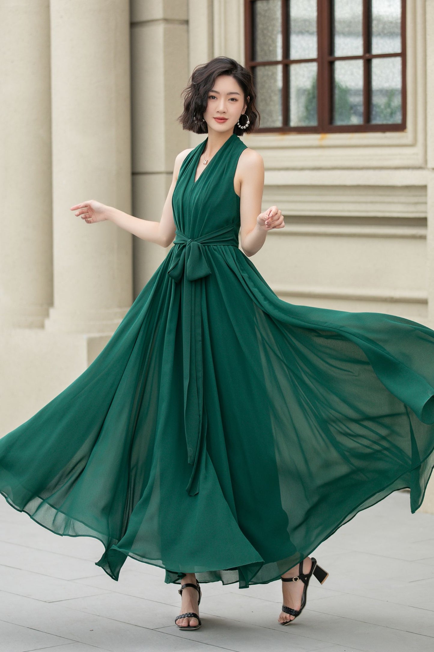 Green maxi halter chiffon party dress 5175