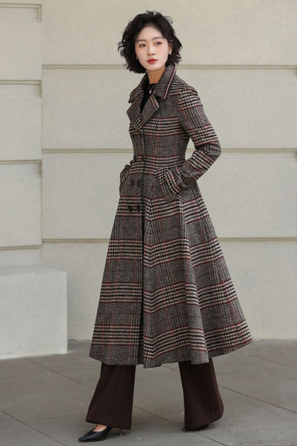 Plaid Wool Coat - Vintage Inspired Fit and Flare Long Double Breasted 6529