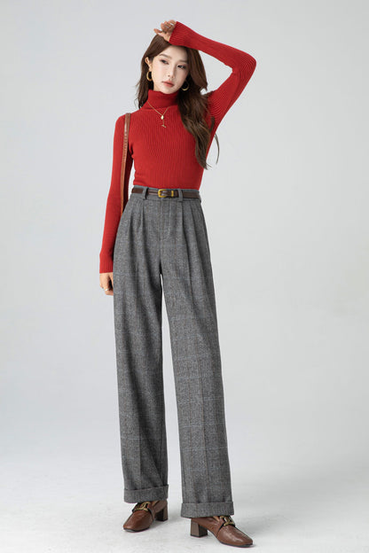 Gray Wool Wide Leg Pants – Vintage High Waist Winter Trousers with Pockets 5320