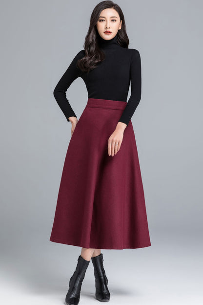 Burgundy Wool Midi Skirt – Vintage A-Line Winter Skirt with Pockets 2490