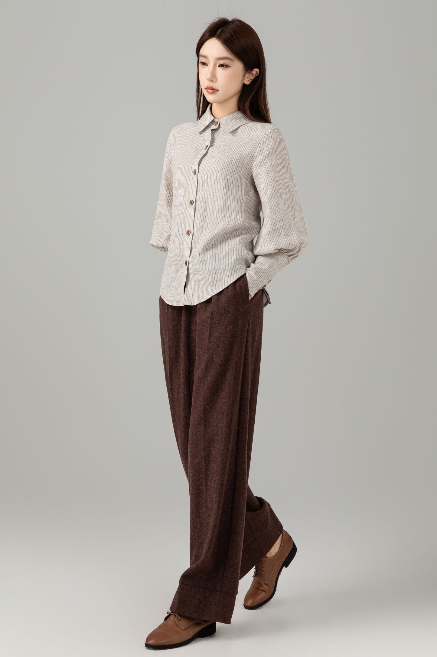 Striped Linen Shirt - Puff Sleeve Button Front | Xiaolizi 6544