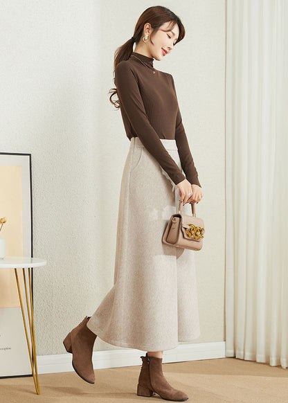 Brown Wool A-Line Midi Skirt - High Waist Winter Essential 3861
