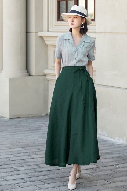 Green Linen Wrap Maxi Skirt - A-Line Flowy Silhouette 5748