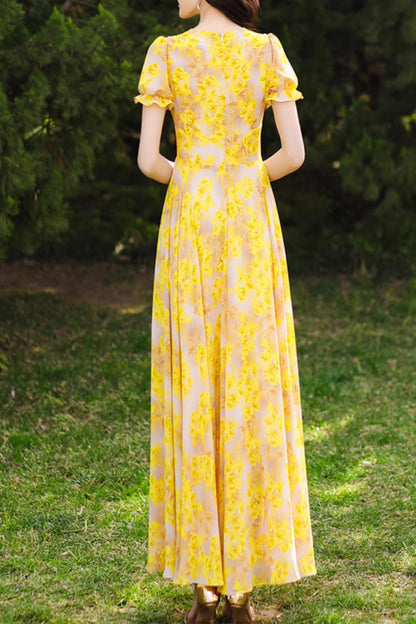 Yellow Floral Chiffon Maxi Dress - Romantic V-Neck, Fitted Waist 5093