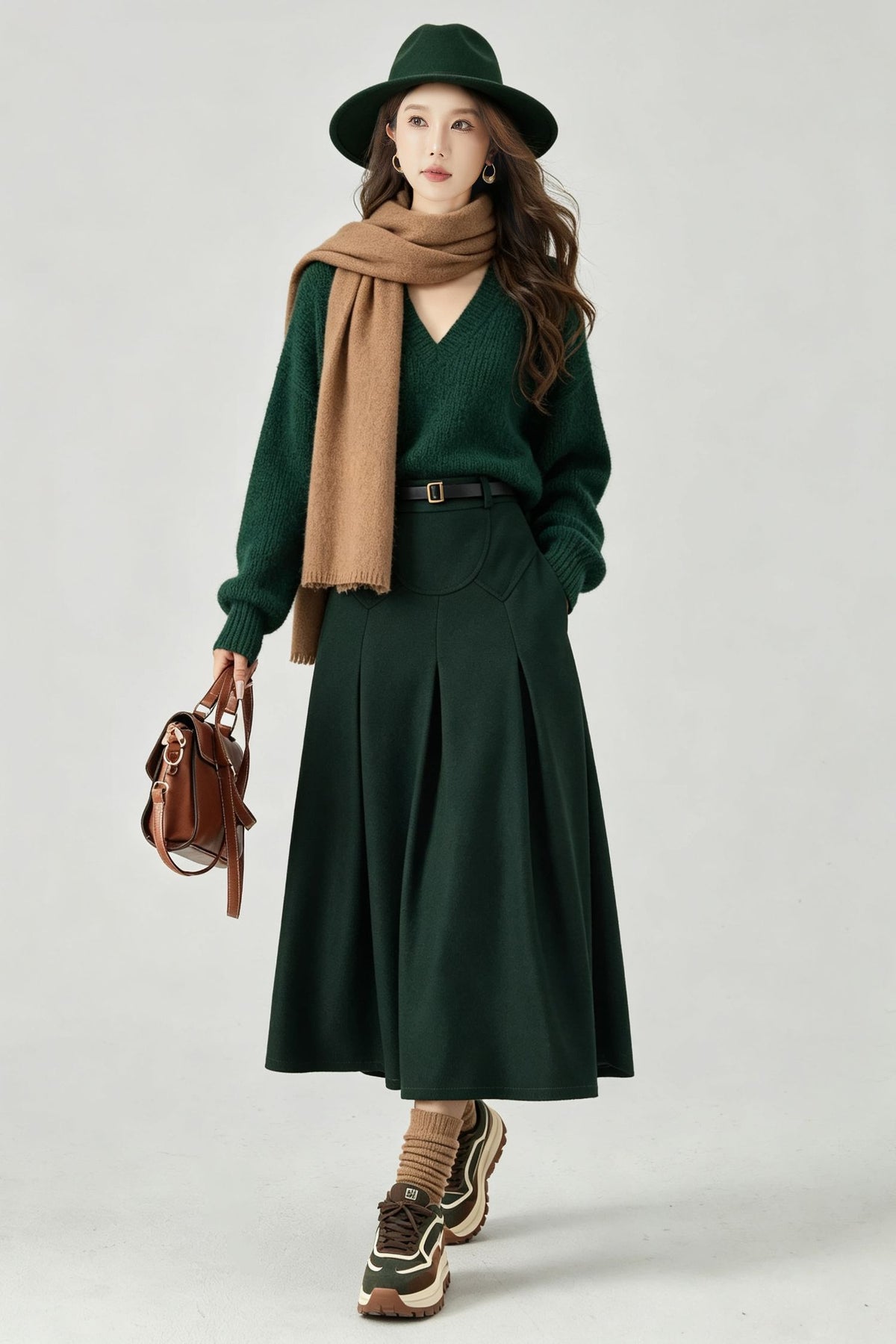 Vintage Dark Green Wool Swing Midi Skirt - High Waist A-Line Skirt 7014
