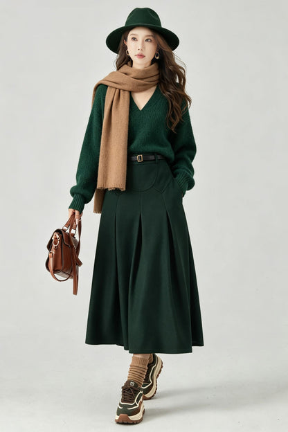 Vintage Dark Green Wool Swing Midi Skirt - High Waist A-Line Skirt 7014