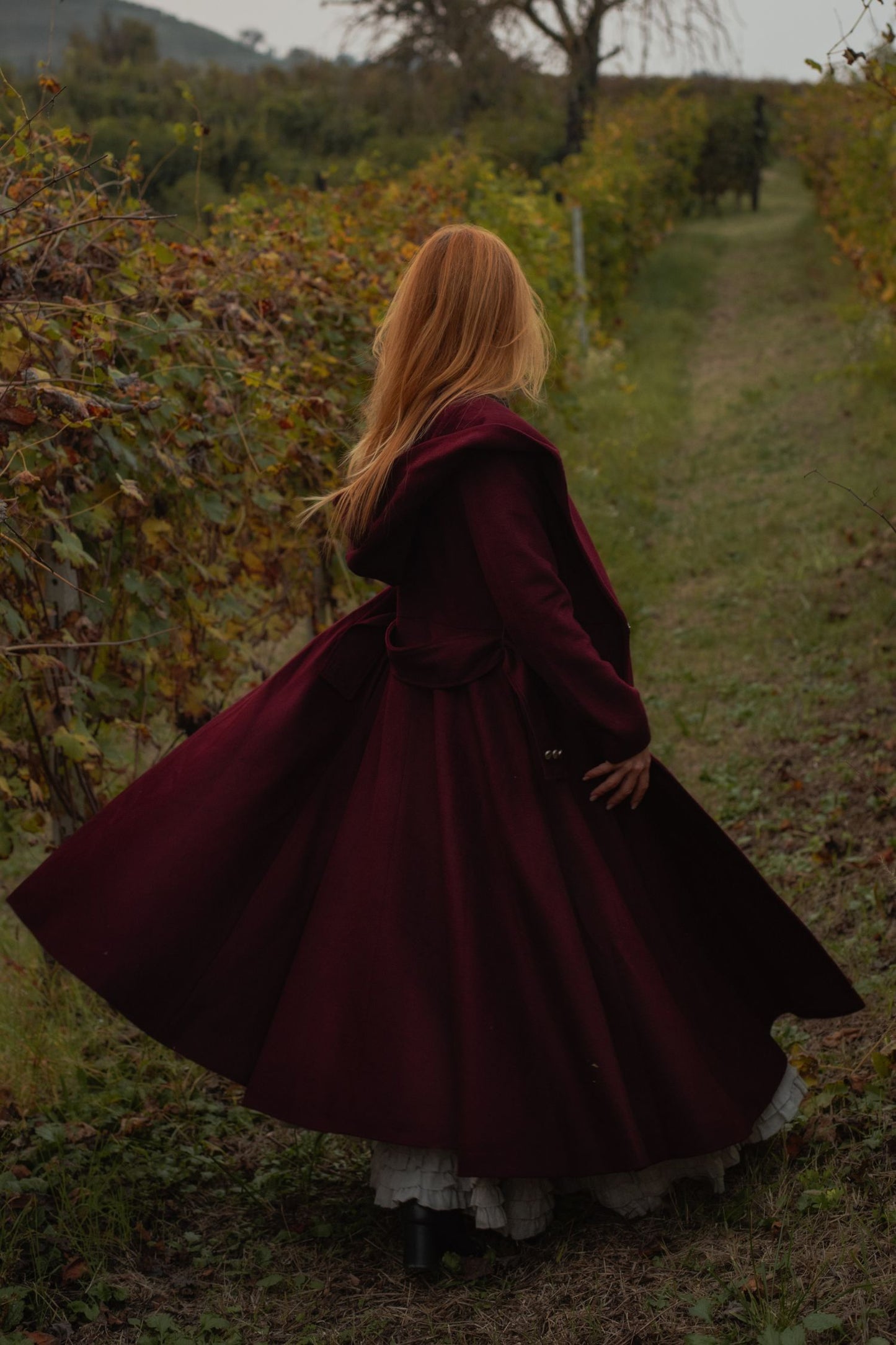 Burgundy Hooded Wool Coat – Handmade Long Belted Wool Winter Overcoat for Women 6546