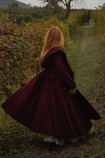 Burgundy Hooded Wool Coat – Handmade Long Belted Wool Winter Overcoat for Women 6546