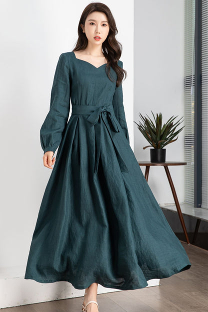 Teal Linen Maxi Dress - A-Line Silhouette with Waist Tie 5639