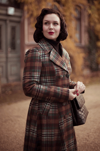 Vintage Brown Plaid Wool Coat – Elegant Double-Breasted Winter Overcoat 4737