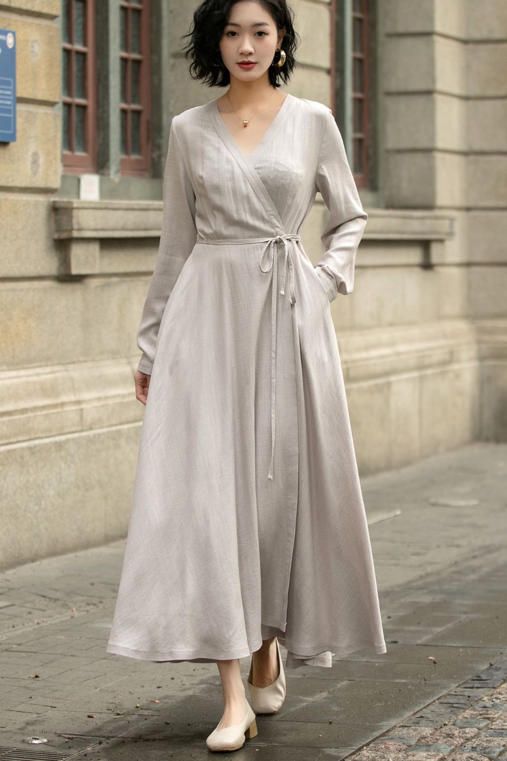 Long sleeves gray wrap linen dress 5672