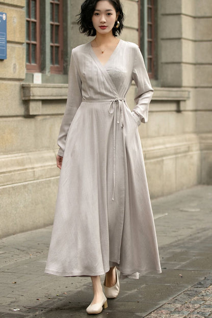 Gray Linen Dress - Wrap Style with Long Sleeves and Waist Tie 5672