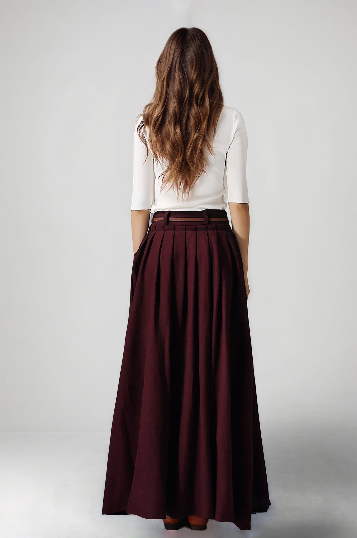 Handmade Burgundy Linen Maxi Skirt – High Waist with Pockets 6749